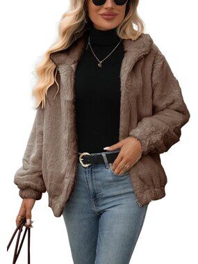 Women's Faux Fur Fall Winter Warm Fleece Jackets Full Zip Sherpa Jacket Camel